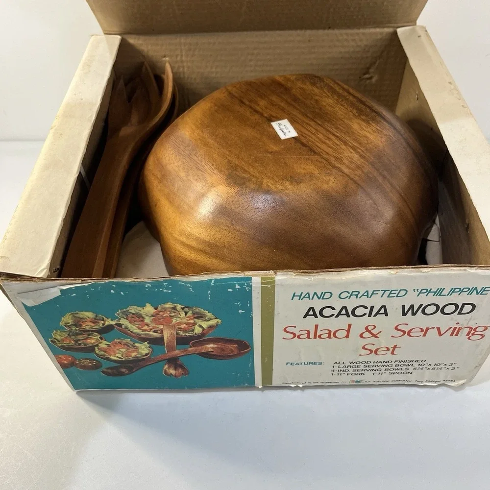 Vtg 7 Pc Acacia Wood Bowl Phillipines Set 1 Salad Bowl 4 Bowls 2 Utensils‎ Box